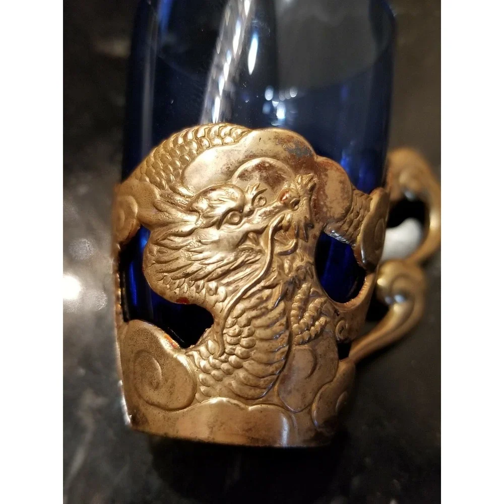 Vintage Blue Shot Glasses & Gold Metalic Holder w Dragon Design Set of 4